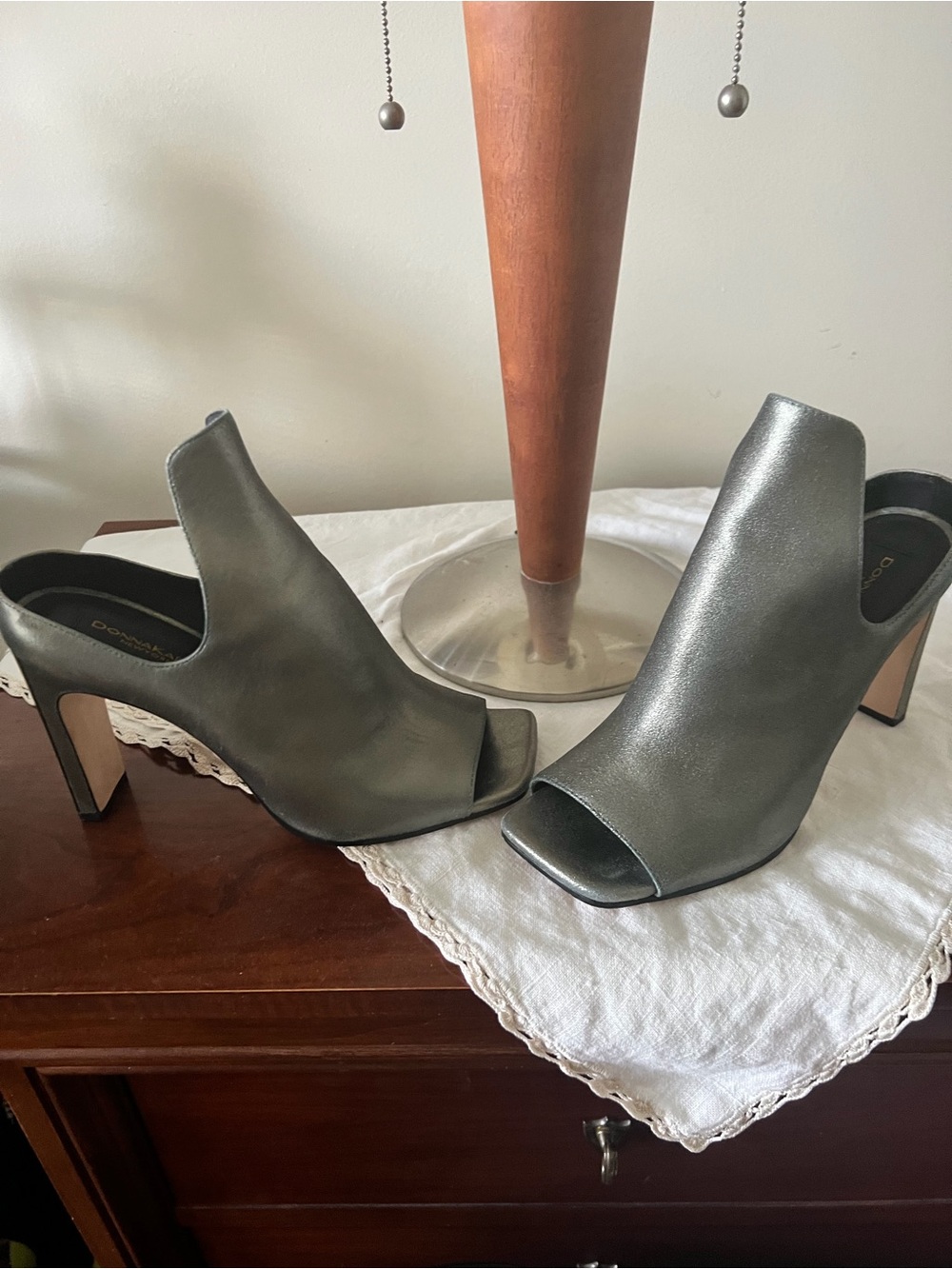 Donna Karan Metallic Gray Peep-Toe Mule Heels